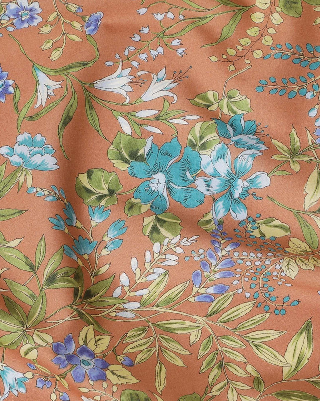 قماش قطني بني نحاسي مع طباعة متعددة الألوان بتصميم زهور-D15220