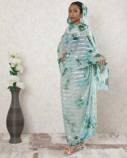 Multicolor Premium synthetic chiffon thobe with gold metallic foil print in stripe design-D14389 Regal Fabrics