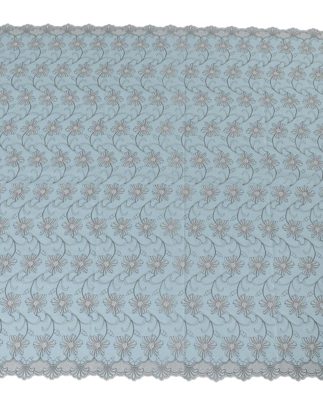 Light mint blue Premium pure 100% Swiss cotton voile (Sudanese Thobe) fabric with grey and silver embroidery having stone work in fancy design-D13797