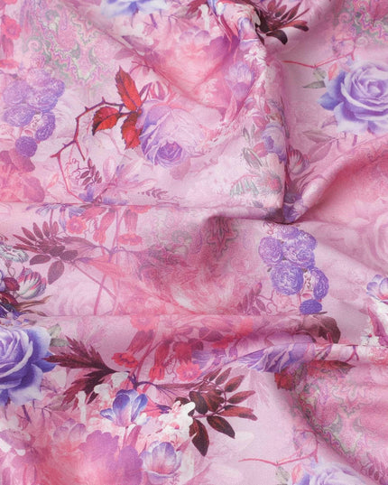 Taffy pink blended cotton lawn fabric  with multicolor print in floral design: D-5666