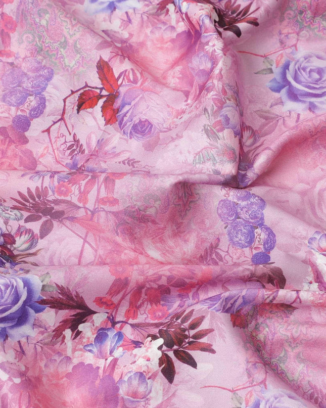 Taffy pink blended cotton lawn fabric  with multicolor print in floral design: D-5666 Regal Fabrics