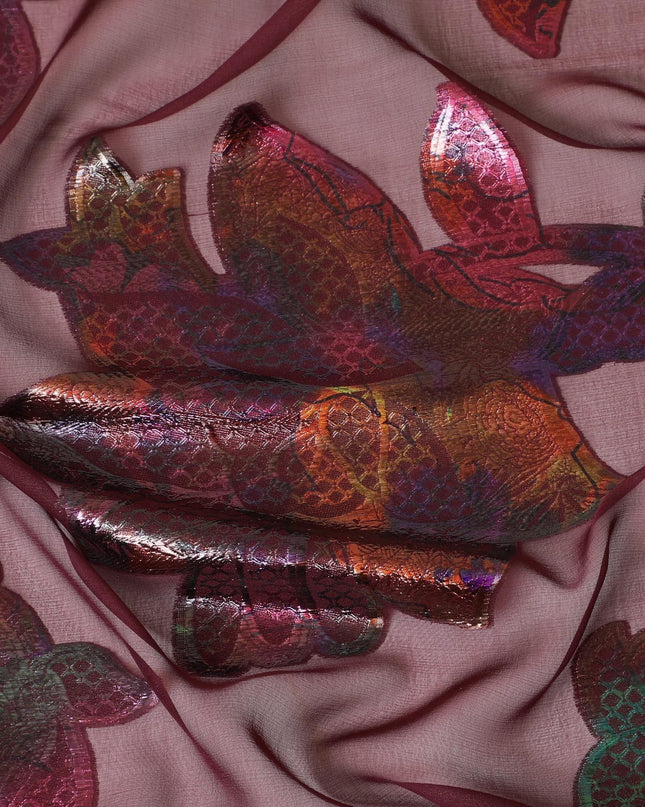 قماش شيفون من الحرير الخالص باللون العنابي الداكن مع لوركس معدني متعدد الألوان بتصميم زهور -D8797