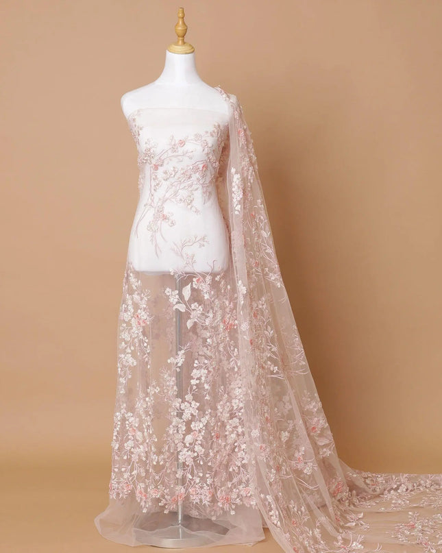 Peach Premium wedding nylon tulle fabric with same tone, beige embroidery, applique work, bead work and sequins in floral design-D7916 Regal Fabrics