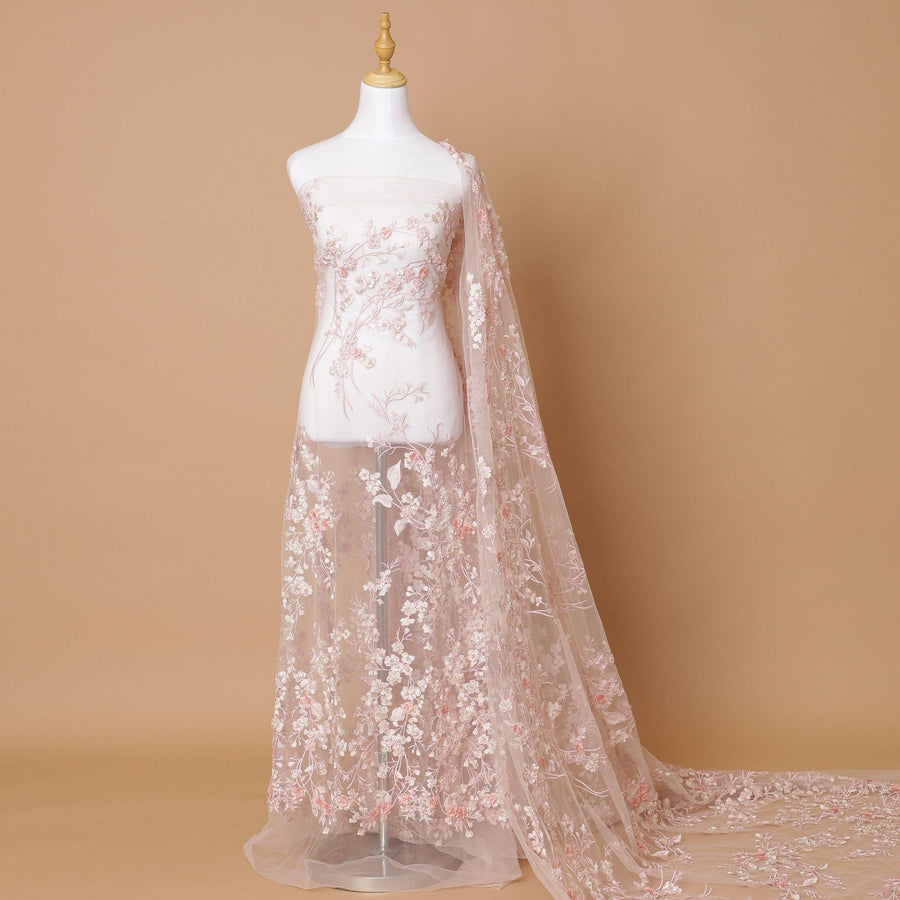 Peach Premium wedding nylon tulle fabric with same tone, beige embroidery, applique work, bead work and sequins in floral design-D7916