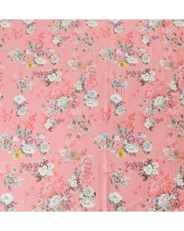 Salmon peach cotton satin fabric with multicolor print in floral design-D15261 Regal Fabrics