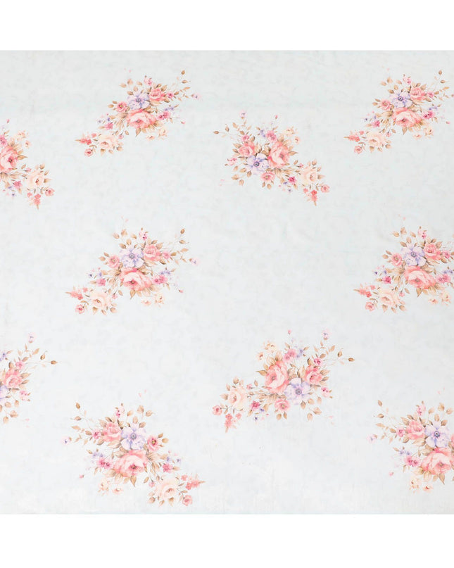 Baby blue synthetic chiffon fabric with multicolor print having silver metallic lurex in floral design-D9748