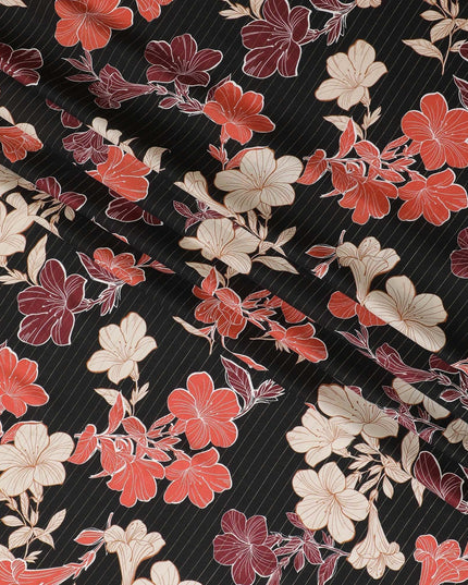 Black viscose crepe printed fabric with multi colour prints and metallic lurex in floral design-D11162