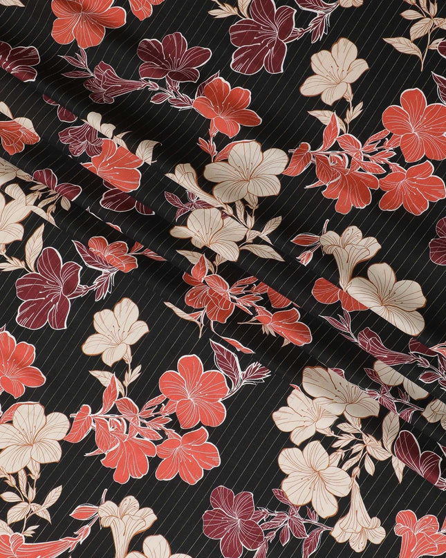 Black viscose crepe printed fabric with multi colour prints and metallic lurex in floral design-D11162