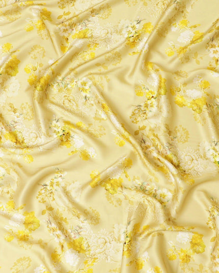 Laguna yellow viscose modal satin fabric with off white and light mustard print in floral design-D7425