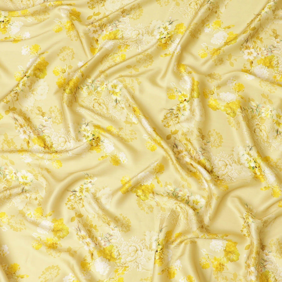 Laguna yellow viscose modal satin fabric with off white and light mustard print in floral design-D7425