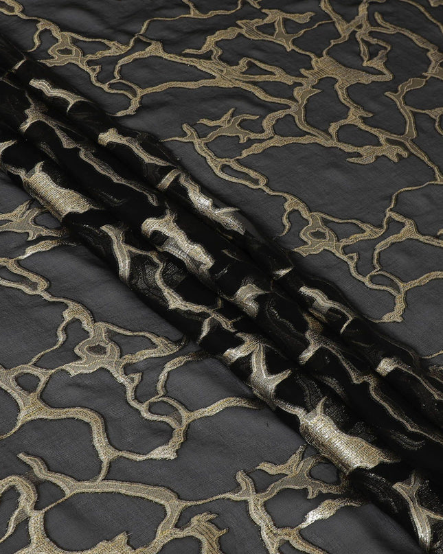 Black Premium pure silk chiffon fabric with gold metallic lurex in abstract design-D13190