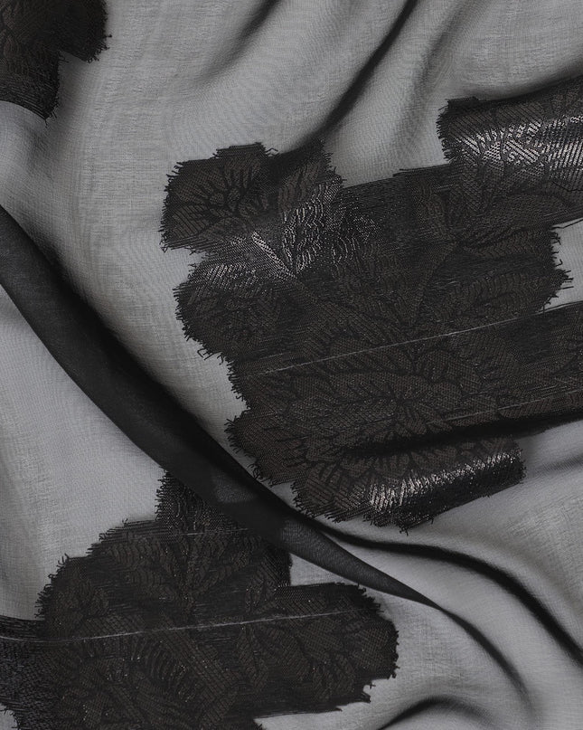 Black synthetic chiffon fabric with same tone metallic lurex in floral design-D10134