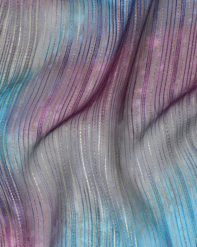 قماش شيفون حريري خالص متعدد الألوان مطبوع مع لوركس معدني ذهبي بتصميم مخطط -D8949