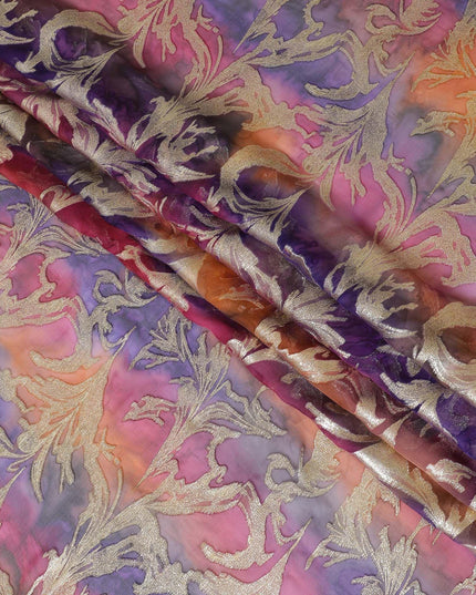 شيفون من الحرير الخالص متعدد الألوان مع لوريكس معدني ذهبي بتصميم أوراق الشجر -D11384