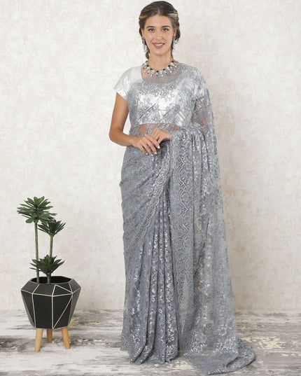 Grey, Silver Premium French metallic lace saree in floral design-D10910
