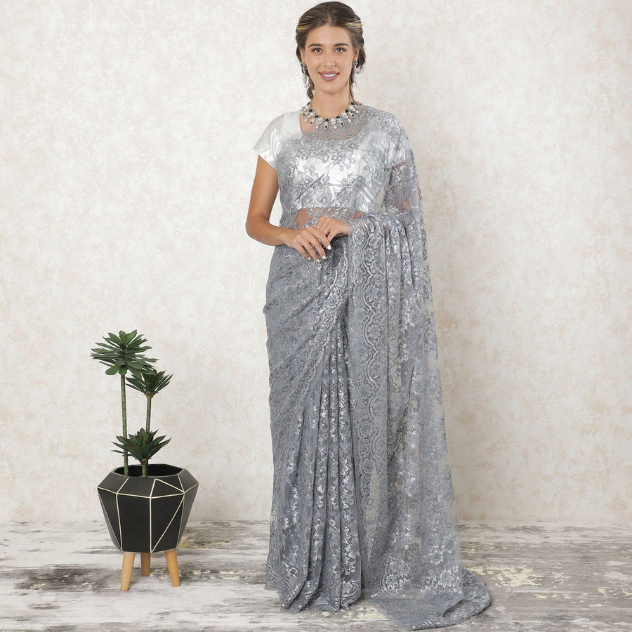 Grey, Silver Premium French metallic lace saree in floral design-D10910