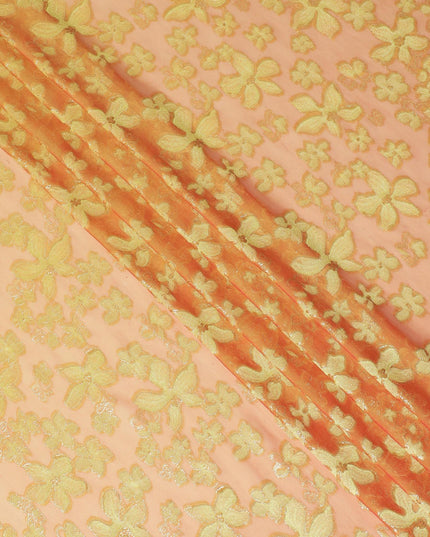 قماش شيفون حريري نقي ممتاز باللون البرتقالي فيسكوز أخضر اللون مع لوركس معدني ذهبي بتصميم زهور-D14647
