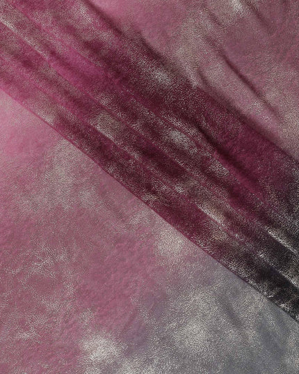 Baby pink to black synthetic chiffon fabric having gold metallic foil in ombre design-D10658