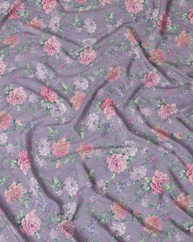 قماش كريب فيسكوز لافندر مع طباعة باللون الأخضر الداكن والوردي الفاتح والأرجواني الفاتح بتصميم الأزهار-D15651