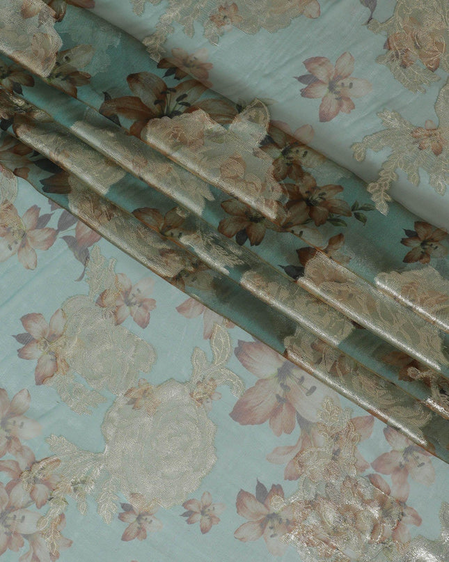 قماش شيفون من الحرير الخالص الفاخر باللون الأخضر المائي مع طباعة باللون البني الفاتح والأخضر الزيتوني مع لوريكس معدني ذهبي بتصميم الأزهار-D10785