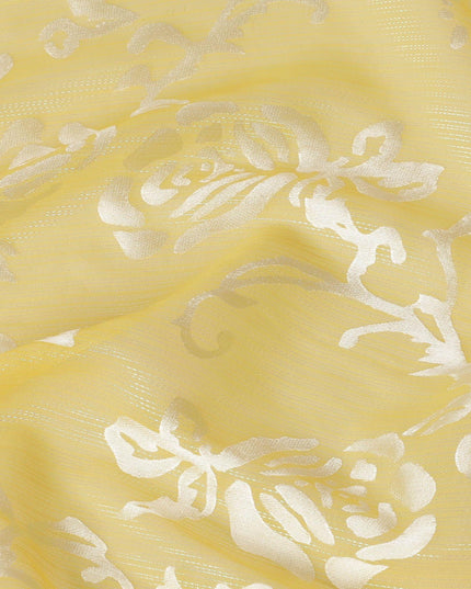 Yellow Premim pure silk chiffon fabric with silver jacquard in floral design-D15324