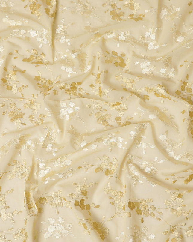 قماش الفوال القطني الخالص الذهبي الفاخر بنفس اللون والتطريز البيج بتصميم الأزهار-D13632