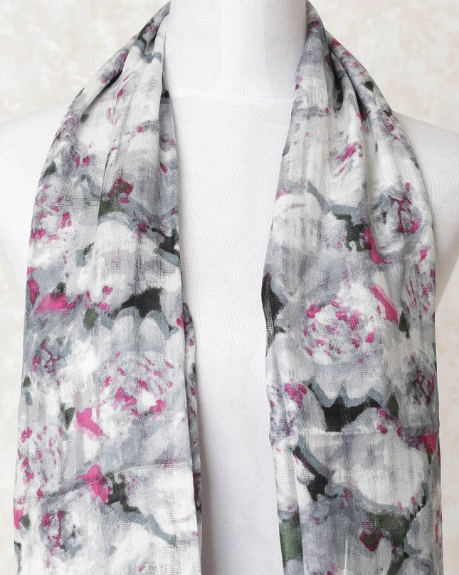 Off white poly cotton scarf with black, forest green and baby pink print in abstract design-D10705 Regal Fabrics