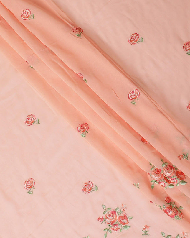 Peach cotton voile fabric with hot pink and sage green embroidery in floral design-D12465