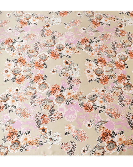 قماش ساتان حريري خالص ذهبي مع طباعة متعددة الألوان بتصميم زهور-D11038