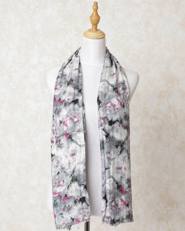 Off white poly cotton scarf with black, forest green and baby pink print in abstract design-D10705 Regal Fabrics