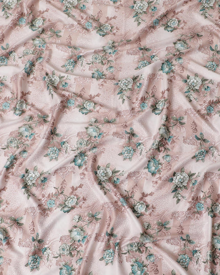 Off white synthetic crepe fabric with pale brown and turquoise green print having stone work in floral design-D15305 - Regal Fabrics