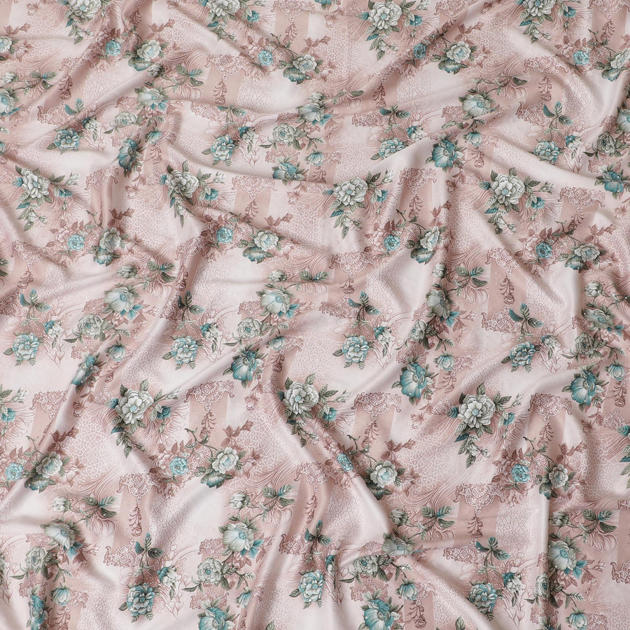 Off white synthetic crepe fabric with pale brown and turquoise green print having stone work in floral design-D15305 - Regal Fabrics