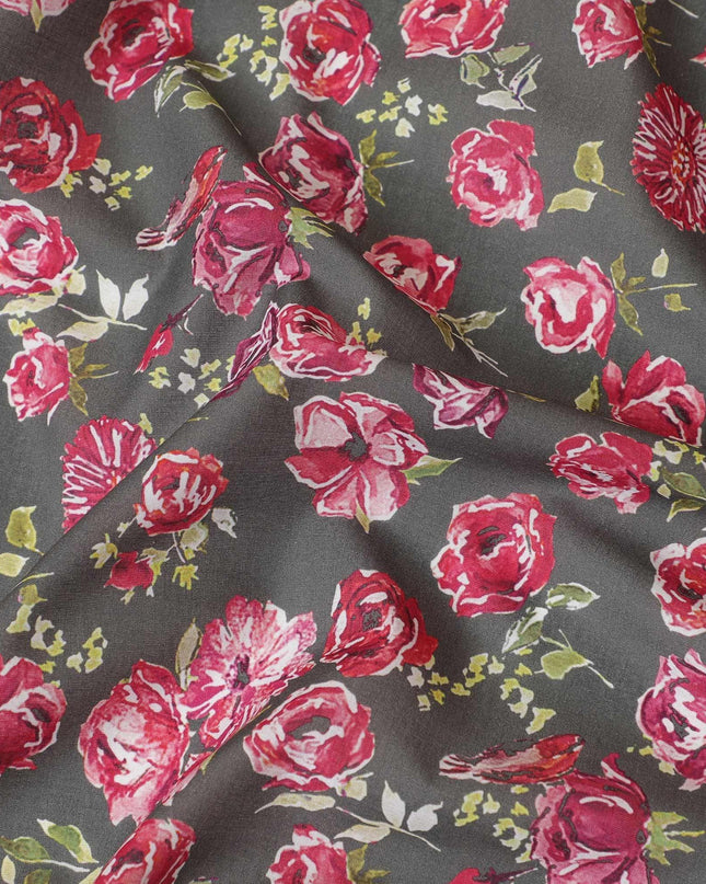 Olive green Premium Spanish 100% cotton lawn fabric with brick pink, sage green and off white print in floral design-D9240 Regal Fabrics