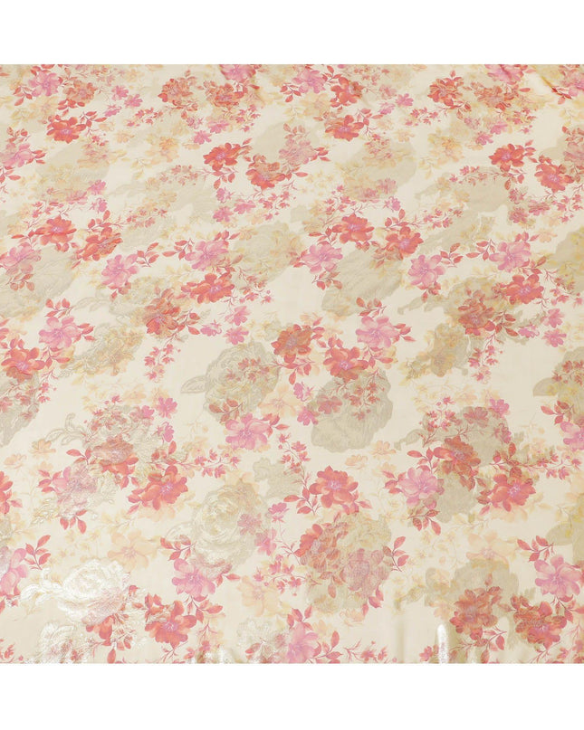 Beige premium pure silk chiffon fabric with brick pink, salmon print having gold metallic lurex in floral design-D10784