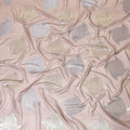 Tan brown pure silk chiffon fabric with baby blue viscose and gold metallic lurex in abstract design-D8789