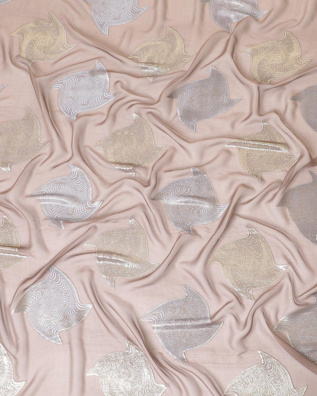 قماش شيفون من الحرير الخالص باللون البني الداكن مع الفيسكوز الأزرق الفاتح واللوركس المعدني الذهبي بتصميم تجريدي-D8789