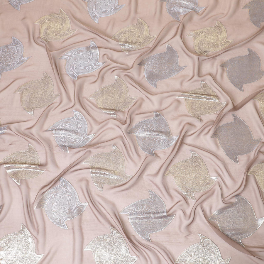Tan brown pure silk chiffon fabric with baby blue viscose and gold metallic lurex in abstract design-D8789