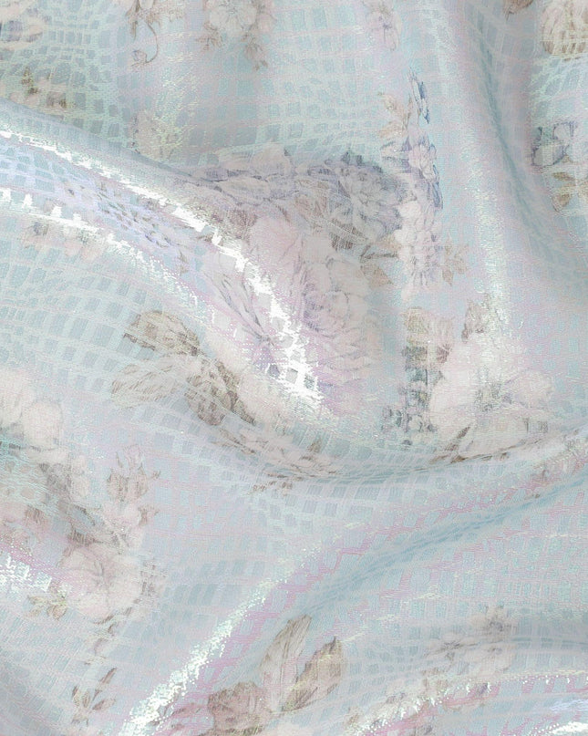 قماش شيفون من الحرير الخالص الفاخر باللون الأزرق الفاتح مع طباعة متعددة الألوان مع لوريكس معدني أخضر نيون بتصميم زهور-D15466