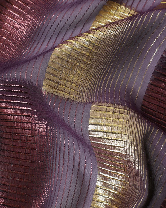 قماش شيفون من الحرير الخالص باللون الأرجواني مع لوريكس معدني ذهبي ونحاسي بتصميم مربعات -D11494