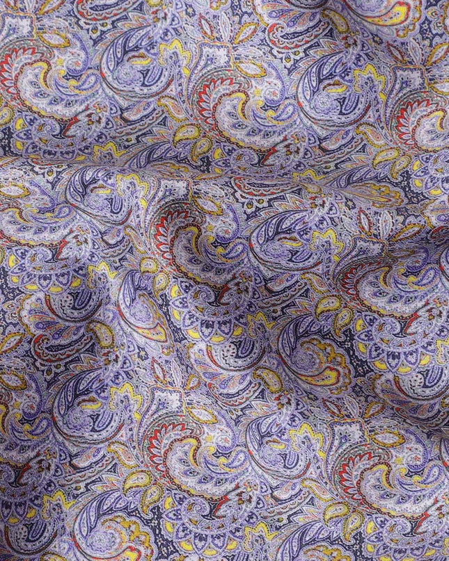 Royal blue cotton satin fabric with mustard yellow, scarlet red and lavender print in Paisley design-D11925 Regal Fabrics