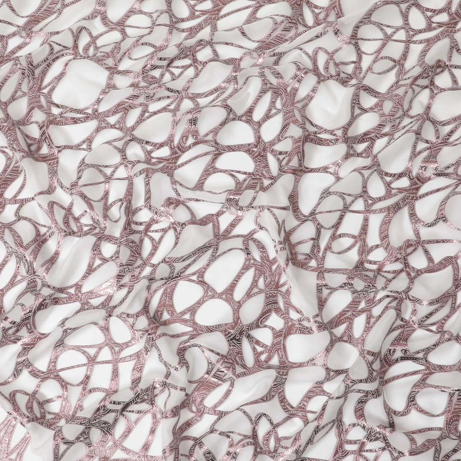 Cream premium pure silk chiffon fabric with rose pink metallic lurex in abstract design-D10540 Regal Fabrics