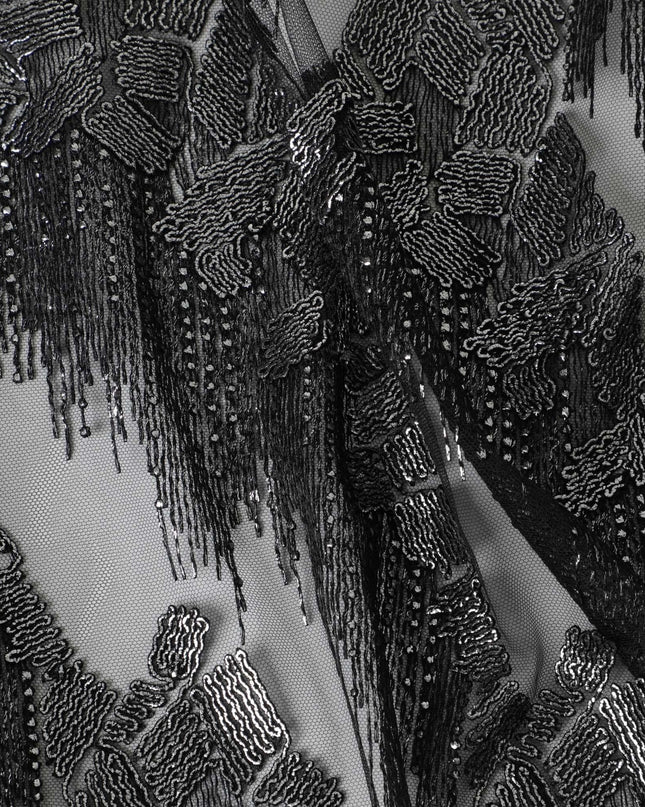 Black nylon tulle fabric with silver embroidery in fancy design-D5998