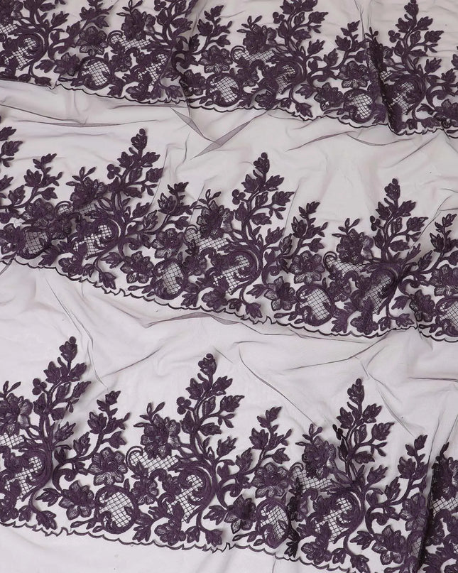 Plum nylon tulle fabric with same tone fancy embroidery in floral design-D7748 Regal Fabrics