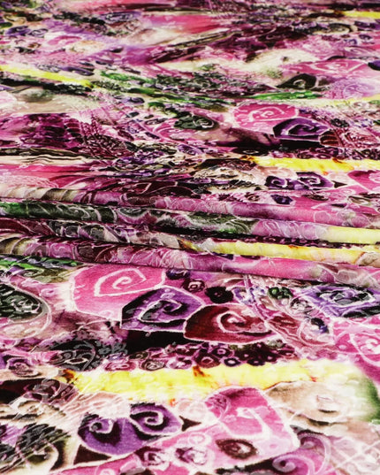 White Premium Italian silk chiffon dirac (makmal) fabric with multicolor print having velvet jacquard in floral design-D8698 Regal Fabrics