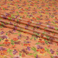 Blaze orange tussar silk fabric with lime green, dark orange, blonde yellow and purple print in floral design-D6137