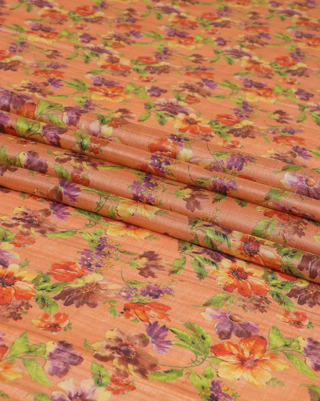 Blaze orange tussar silk fabric with lime green, dark orange, blonde yellow and purple print in floral design-D6137