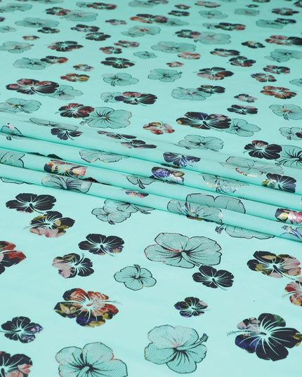 Vista blue cotton voile fabric with multicolor metallic foil print in floral design-D6750