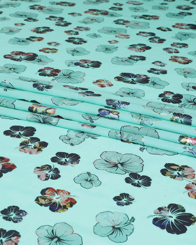 Vista blue cotton voile fabric with multicolor metallic foil print in floral design-D6750 Regal Fabrics