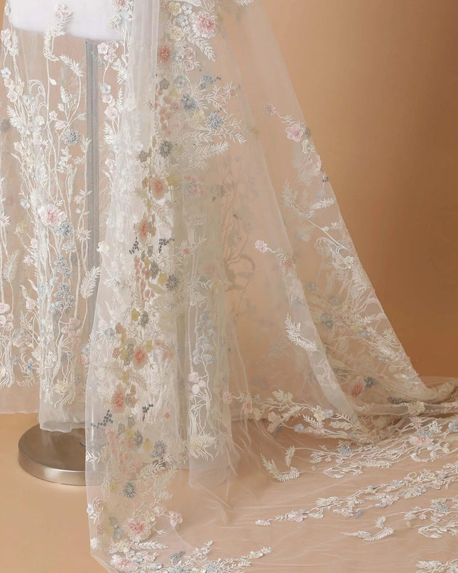 Off white Premium wedding nylon tulle fabric with powder blue, light pink embroidery, applique work, bead work , pearls and sequins in floral design-D7920 Regal Fabrics
