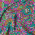 Violet silk crepe fabric with off white, blue, green, grey and yellow prints in floral design - D9916